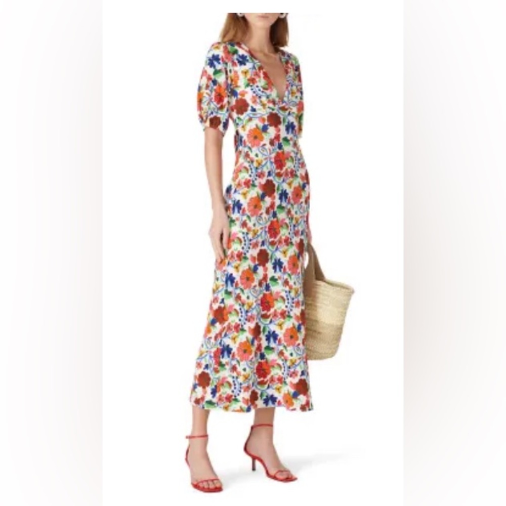 RIXO Steph floral cut out puff sleeve midi dress cream multicolor retro size 6
